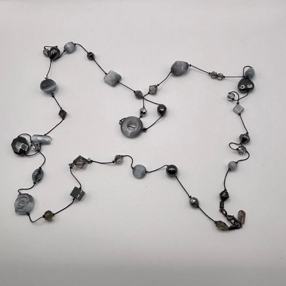 Fairy‎ Goth Beaded Long Double Strand Necklace Dabby Reid Grey Black Glass Resin